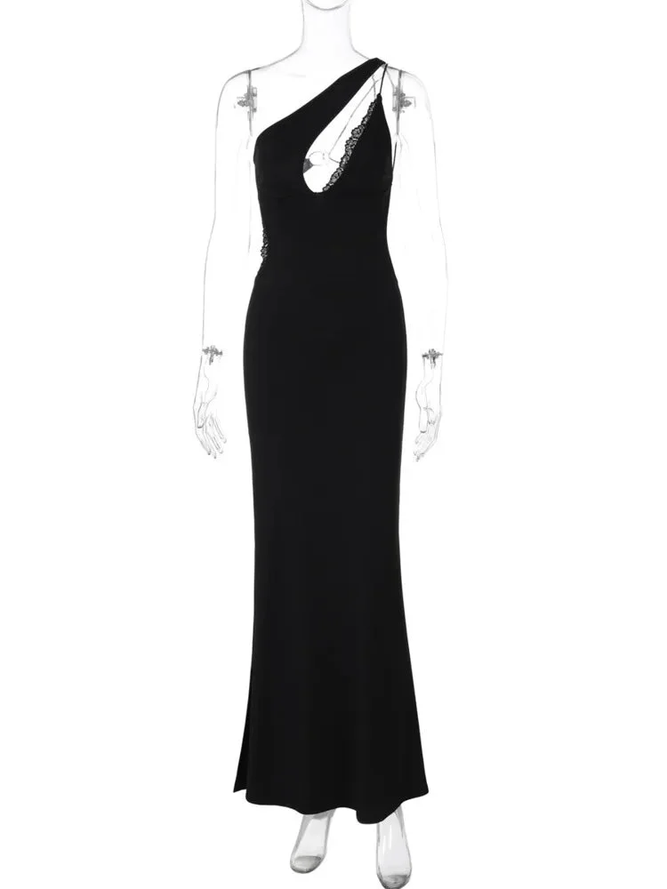 Toloer One Shoulder Deep Neck Open Back Black Maxi Dress-Outfit Ideas