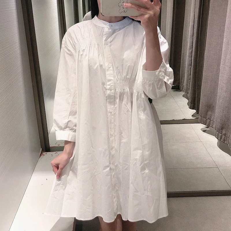 2021 Spring Summer Women White Sexy Mini Shirt Dress Chic Button O-Neck Casual Loose A-Line Beach Dresses Ladies Vestidos Mujer