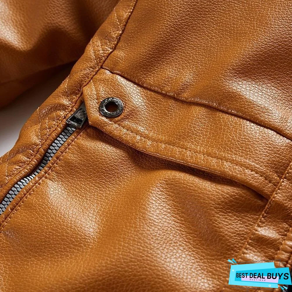 Mens Leather Jacket Fashion Vintage Leather Plus Size Stand Collar Coat