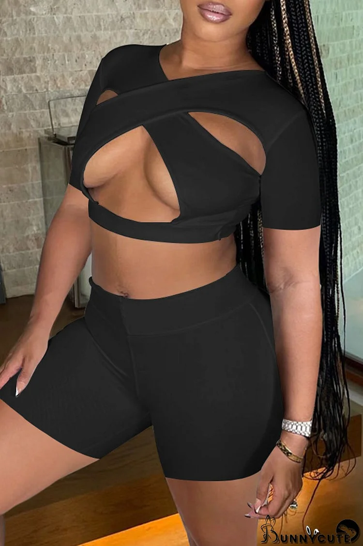 Black Fashion Sexy Solid Hollowed Out Split Joint V Neck Short Sleeve Two Pieces