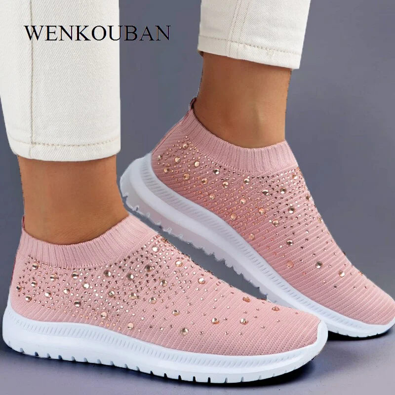 Summer Sneakers Women Sock Shoes Crystal White Sneakers Casual Slip On Flats Ladies Trainers Walking Shoes Basket Femme 2021