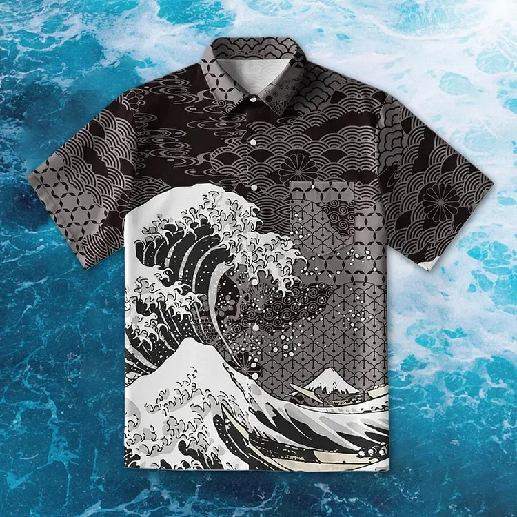 Simpfit Herrenhemd „Die große Welle vor dem Fuji“ mit Knopfleiste