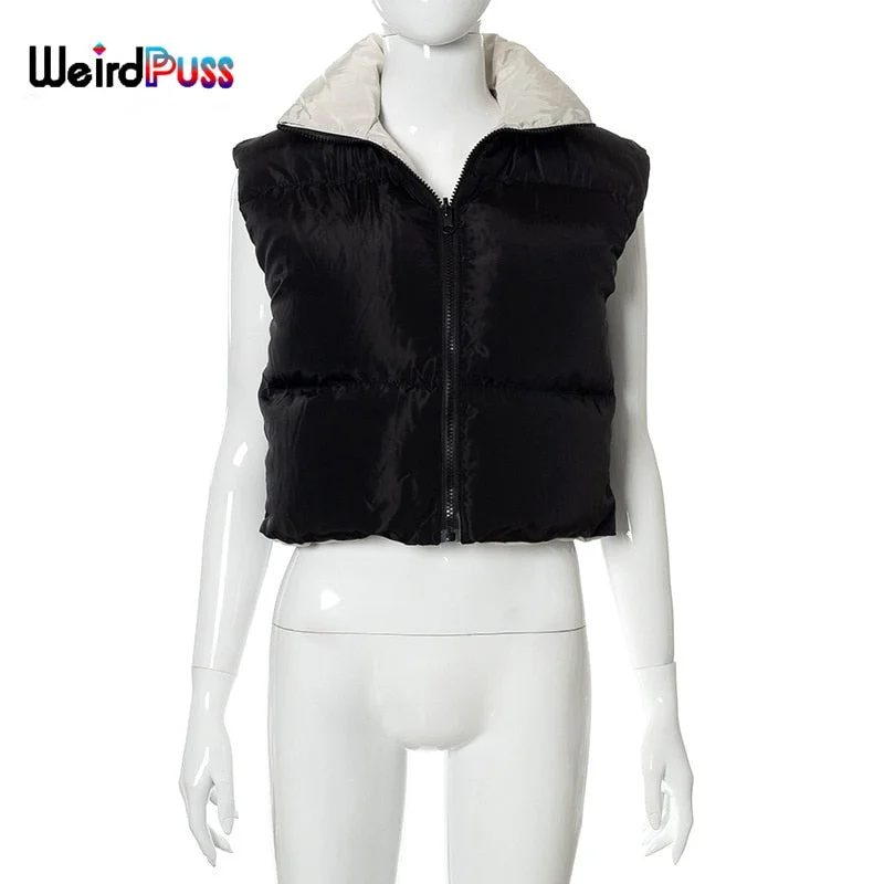 Weird Puss Puffer Bubble Jacket Vest Women Padded Thick Zipper Coat Tank Top Turtleneck Winter Warm Short Tops Casual Streetwear