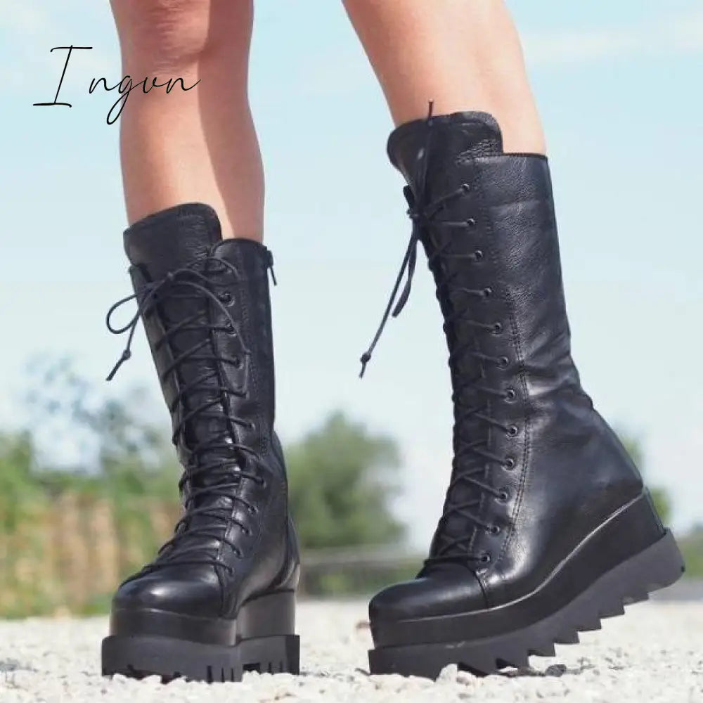 Ingvn - Women’s Faux Leather Boots Black / 5