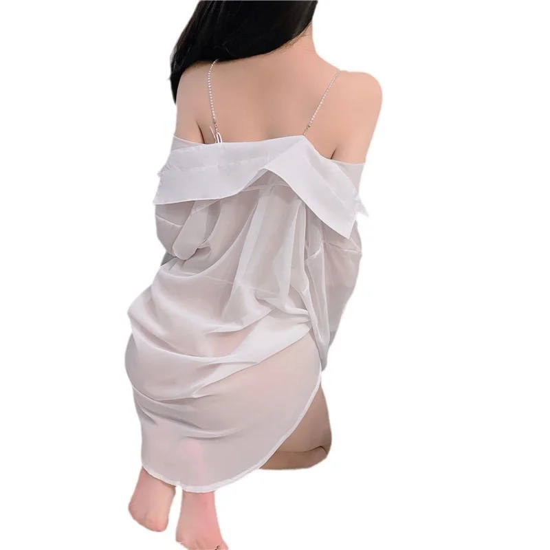 Uveng Sexy Chiffon Sling Dress Boyfriend Wind White Shirt Open Shoulder Pajamas Perspective Uniform Seduction Suit