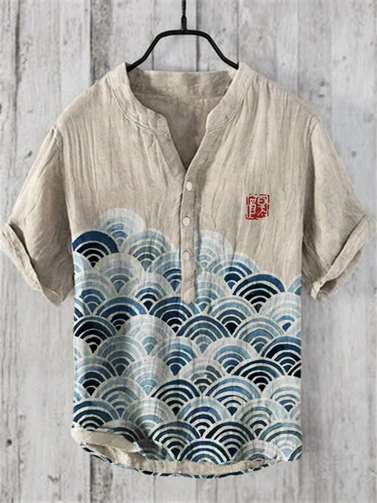 Sea Waves Japanese Art Linen Blend Shirt