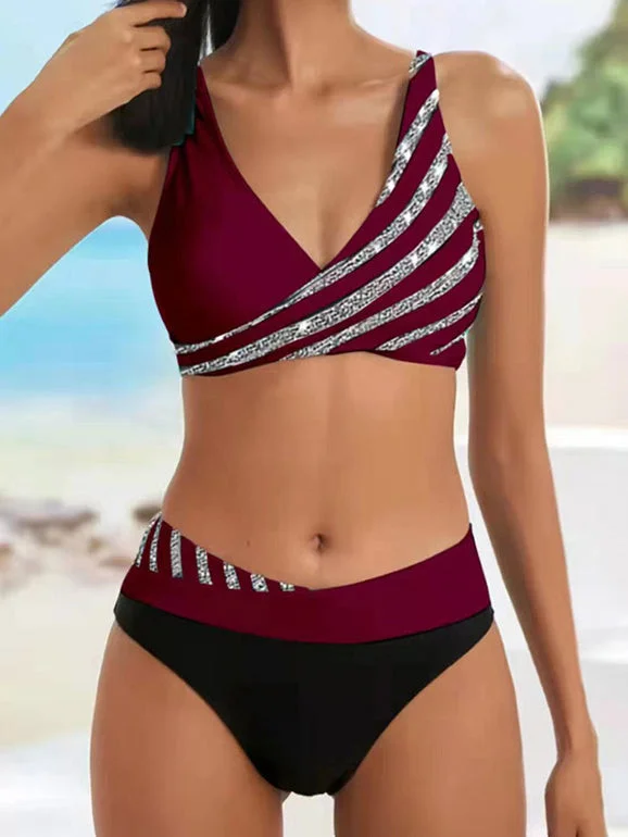 Striped Printed Halter Lace-up Bikini Set
