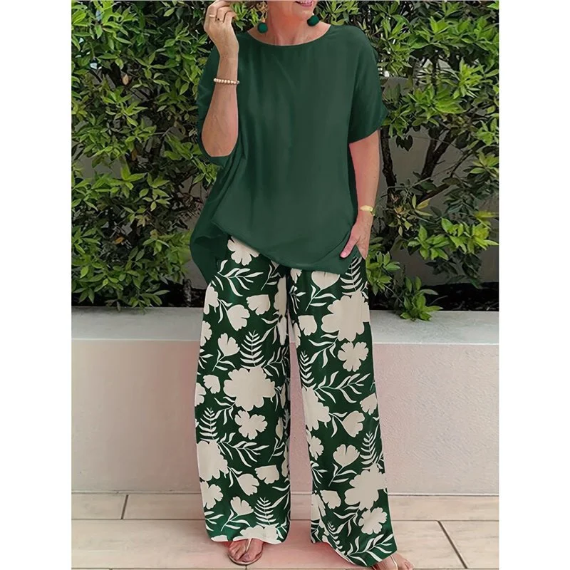 Athvotar Athvotar Plus Code Lady Two-Set Set Of Stylish Short-Sleeved Round Collar Top Wide Leg Trousers Print Casual Dress