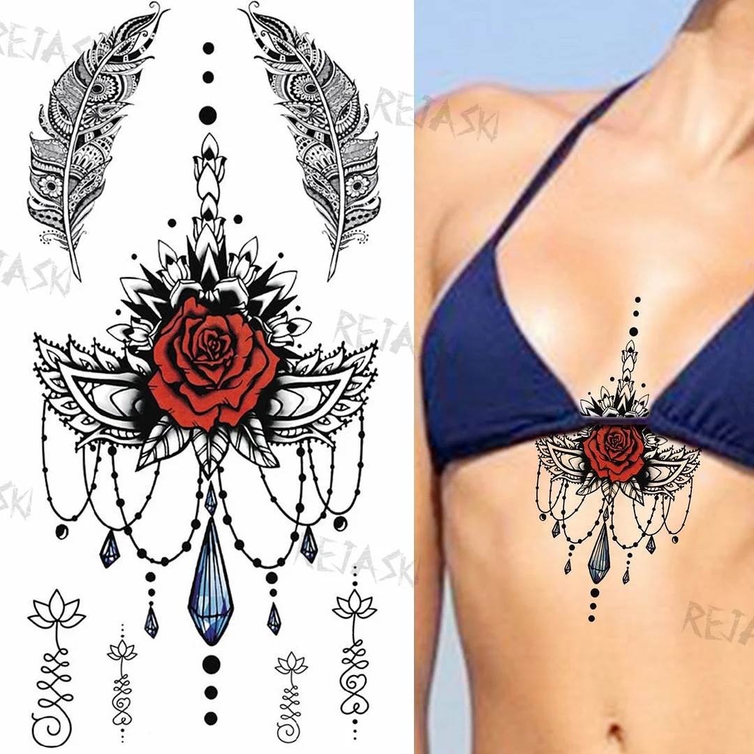 Mandala Flowers Temporary Tattoo For Women Black Henna Mehndi Tattoos Sticker Rose Lace Owl Fake Jewelry Tatoos Body Chest Back
