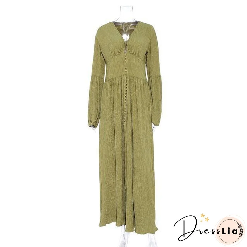 Casual Button UpLong Summer Dress Long Sleeve Vintage Deep V Neck Maxi Dresses Robe White Boho Beach Dress Vestidos New