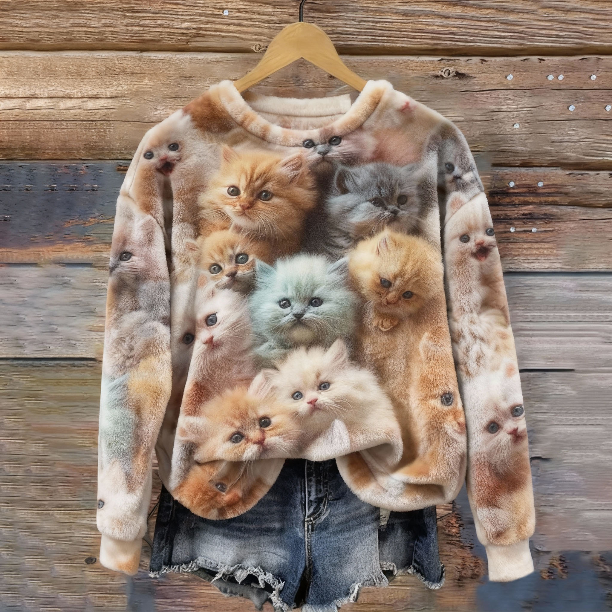 Women's Cute Cat Print Crew Neck Cozy Flannel Sweatshirt elevenforest