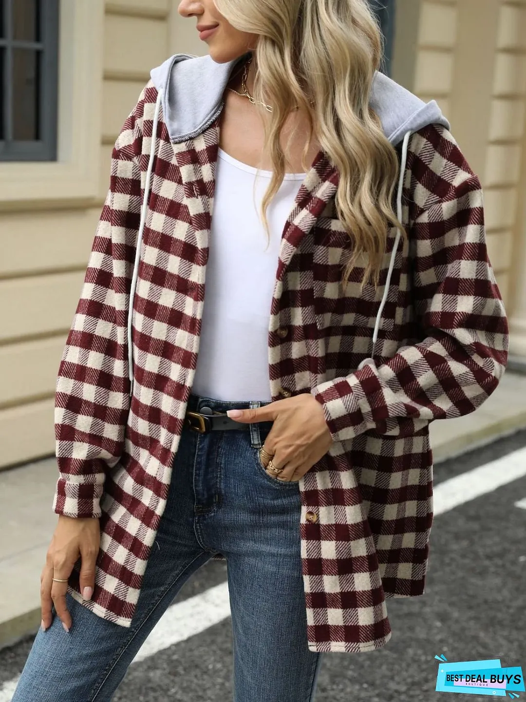 Drawstring Plaid Long Sleeve Hooded Jacket