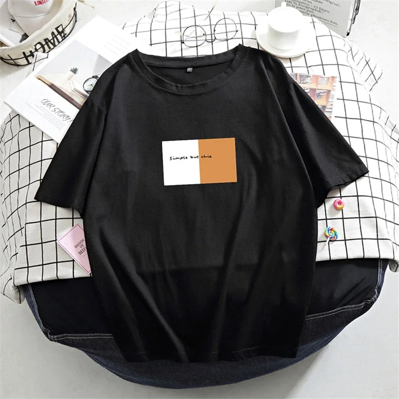 Hirsionsan Women Short Sleeve T Shirt Summer Letter Printed Basic Tshirt Korean Cotton Tees for Female Plus Size Loose Soft Tops