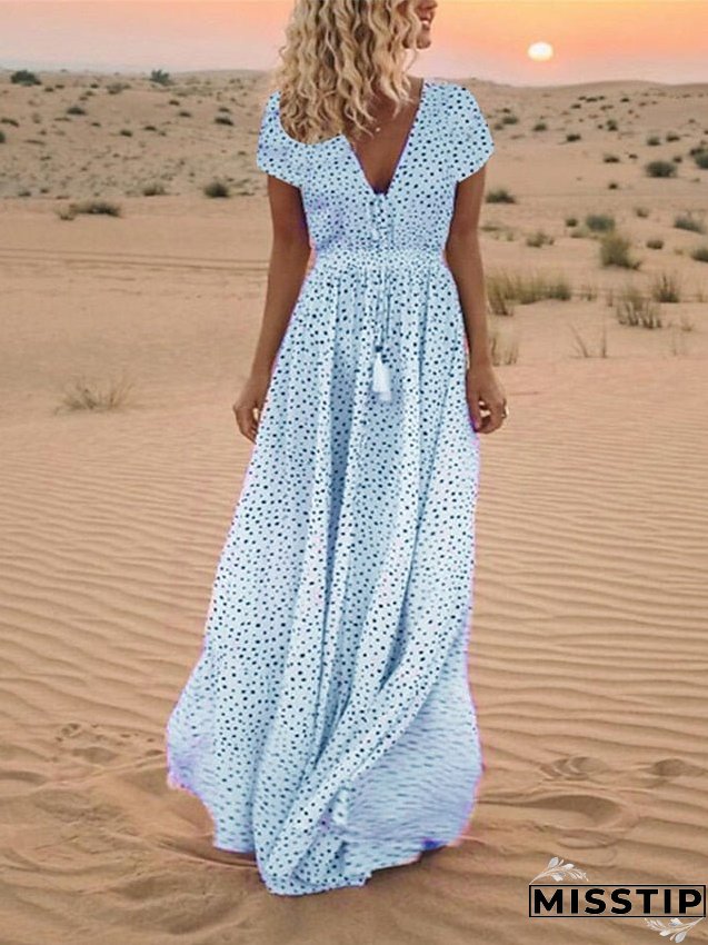 Casual Dress Swing Boho Long Maxi Light Blue Creamy-white Pink Short Sleeve Polka Dot