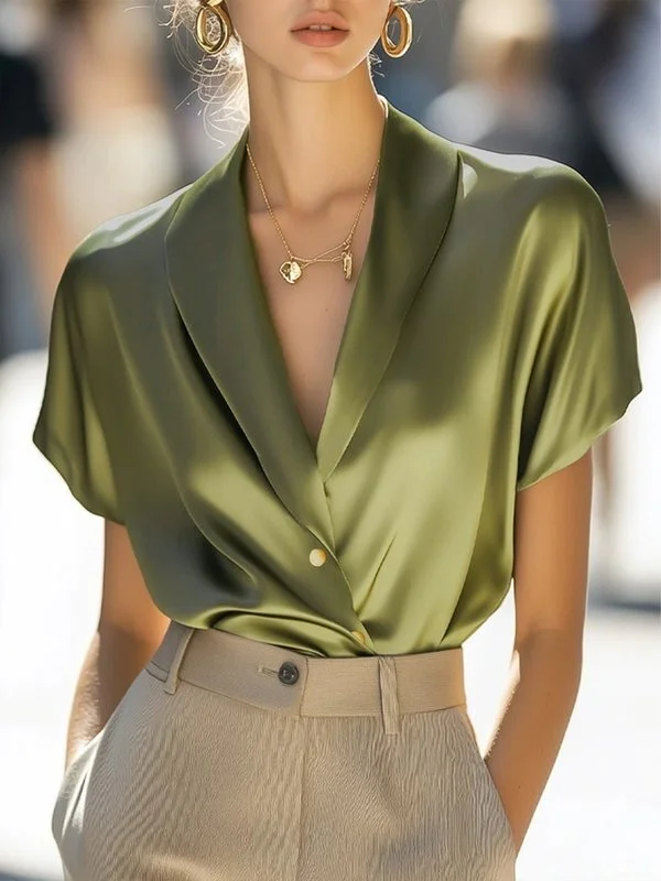 Solid Color Loose Short Sleeves V-Neck Blouses&Shirts Tops