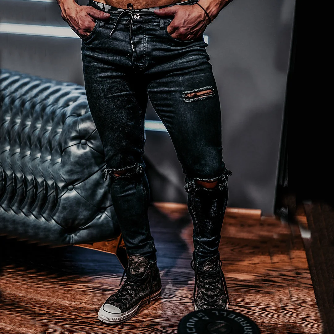 Ripped patch jeans slim fit black biker pants