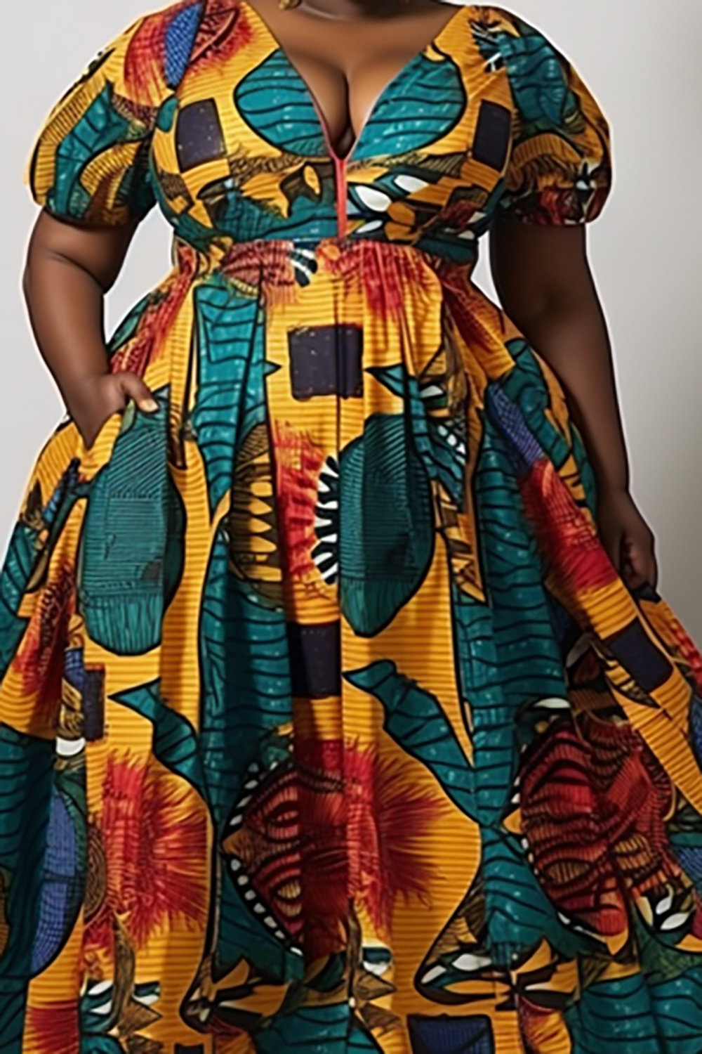 Design Plus Size Multicolor Ankara V Neck Puff Sleeve Knitted Maxi Dresses [Pre-Order]