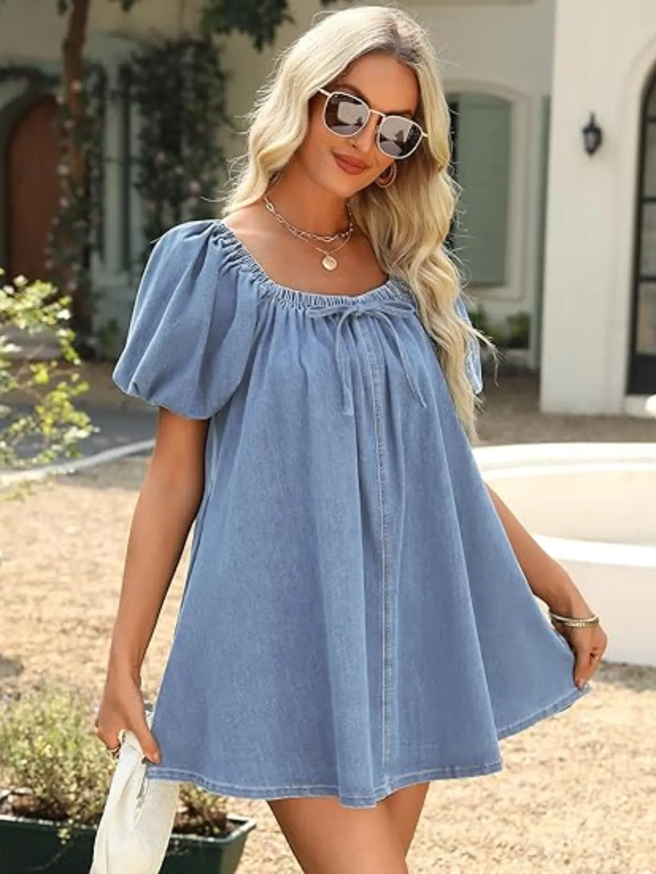 Puff Short Sleeve Denim Dress For Women, Square Neck Jean Romper With Pocket