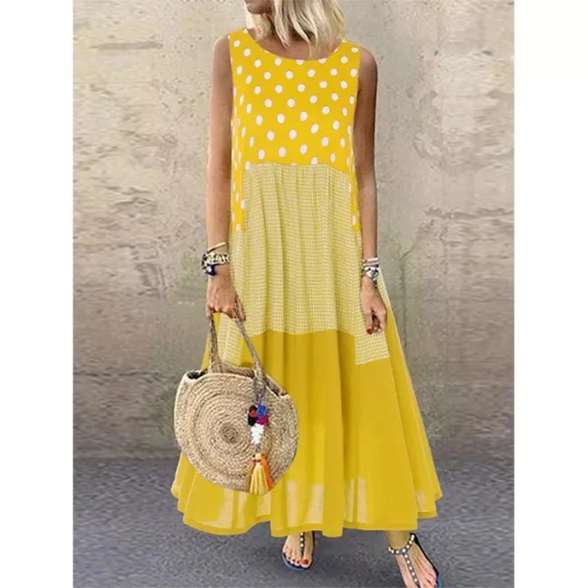 Plus Size Maxi Dress Polka Dot Sleeveless Cotton Blend Loose Swing Dress