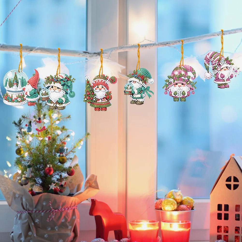 6pcs Xmas Gnome 2D Flat DIY Diamond Painting Art Pendant Wall Door Decoration