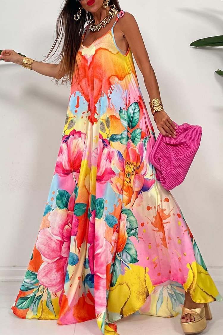 Plus Size Daily Multicolor Floral Print Camisole Maxi Dress [Pre-Order]