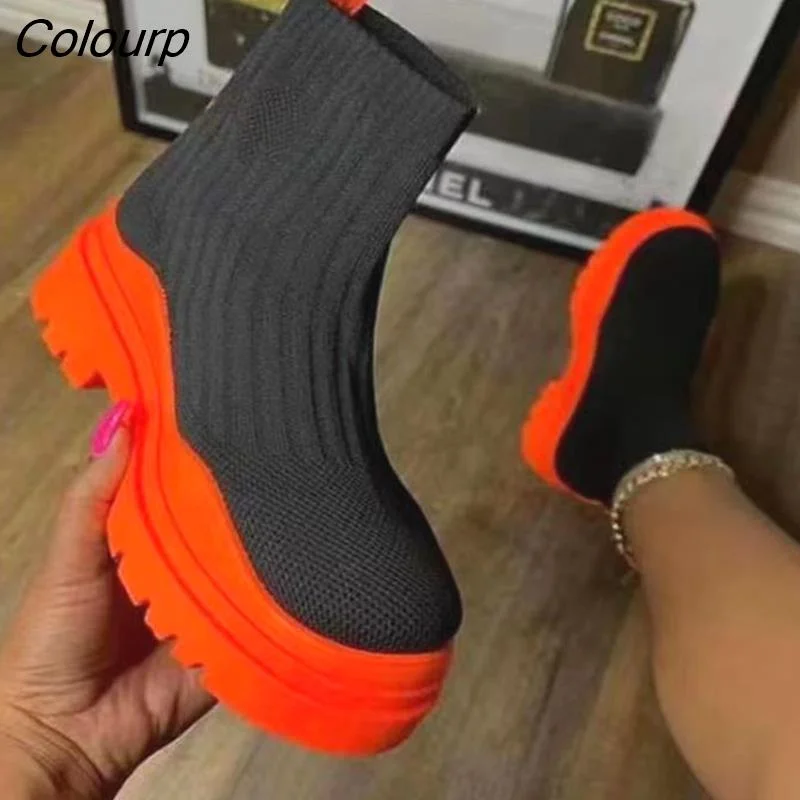 Colourp Women's Socks Ankle Boots 2023 Spring Autumn New Thick-Soled Casual Fashion Knit Short Boots Plus Size 43 Couple Platform Shoes