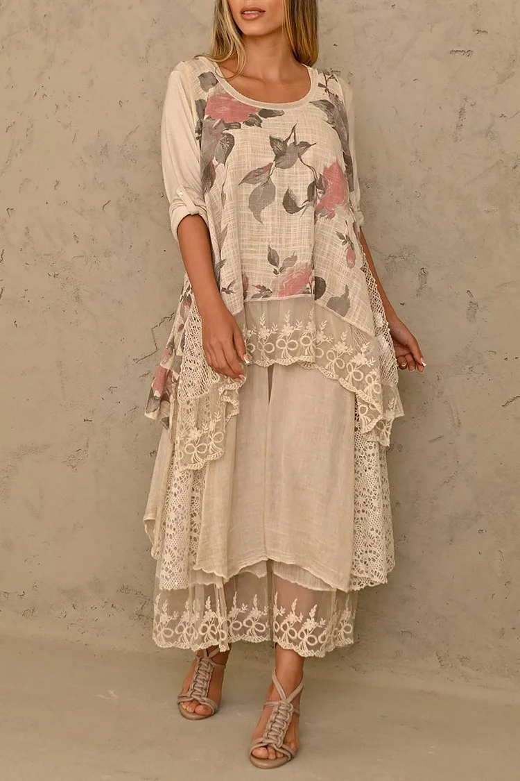 Roll Sleeve Lace Patchwork Floral Printed Linen Maxi Dresses [Pre Order]