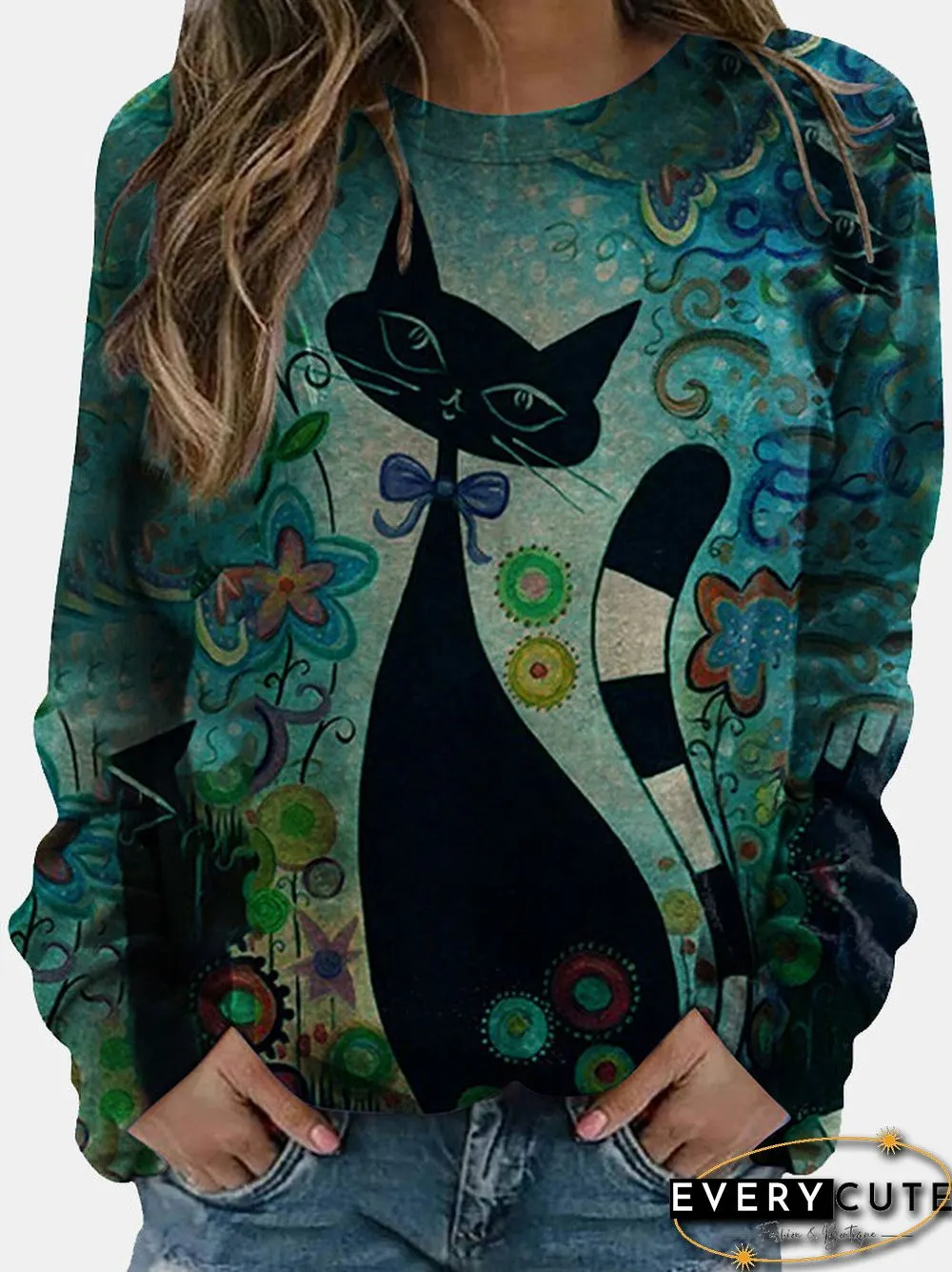 Cat Calico Printed Long Sleeve O neck T shirt For Women P1762569