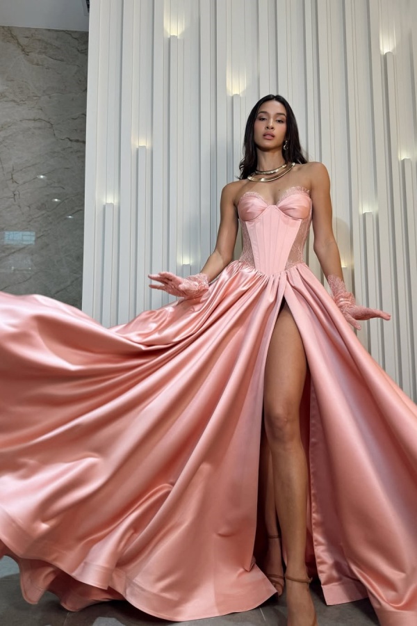 Nice Pearl Pink Strapless Long Split Lace Evening Dress | ZT0371