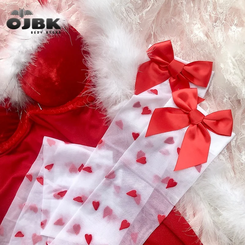 Billionm OJBK Cute Transparent Small Heart Stockings Pure Lovely Red Bow Over Knee White Tigh High Sexy Suspender Tube Silk Stocking 2020
