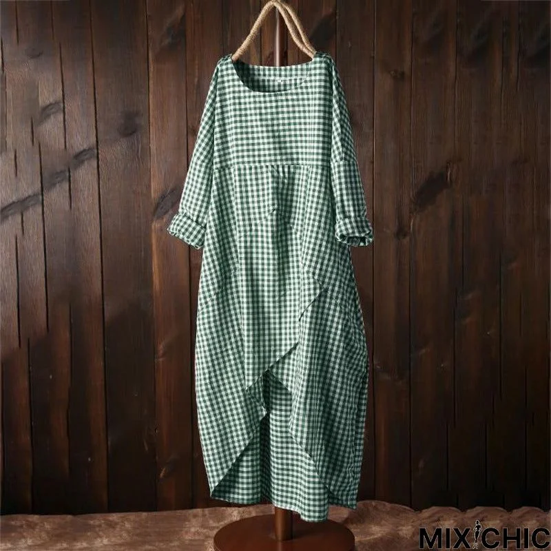 Plaid stitching long sleeve casual dress