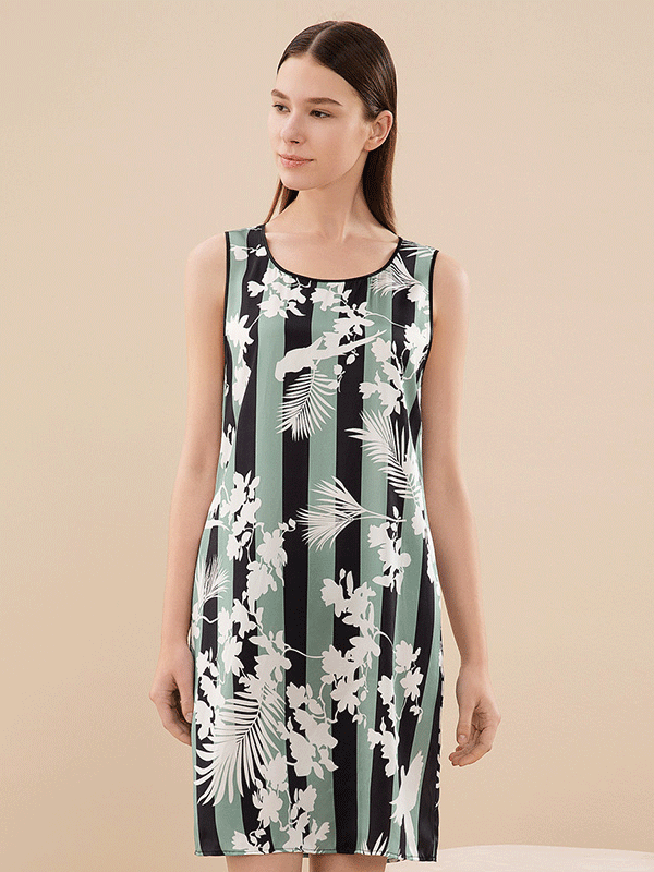 Elegant Printed Striped Silk Nightgown-Luxury Silk Life