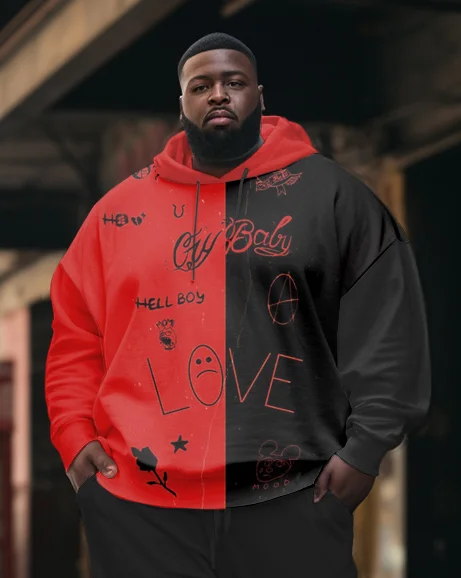 Men's Plus Size Casual Hip Hop Graffiti Love emoji Long Sleeve Hoodie Set