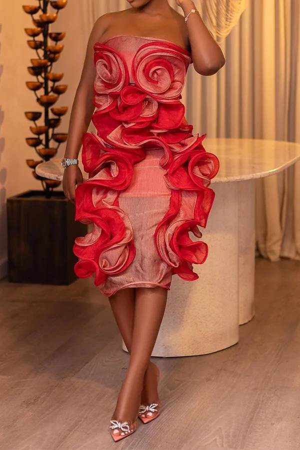 Color Block 3D Flower Decor Romantic Strapless Midi Dress
