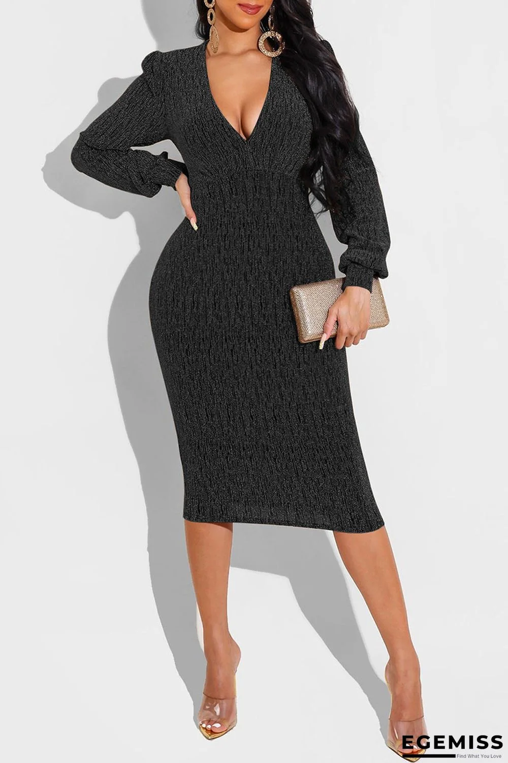 Black Sexy Solid Patchwork V Neck One Step Skirt Dresses | EGEMISS