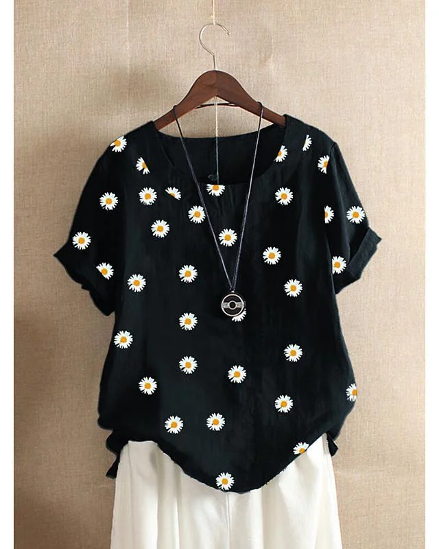 Women's Blouse Shirt Floral Flower Daisy Print Round Neck Tops Loose Cotton Basic Top Black Wine Orange