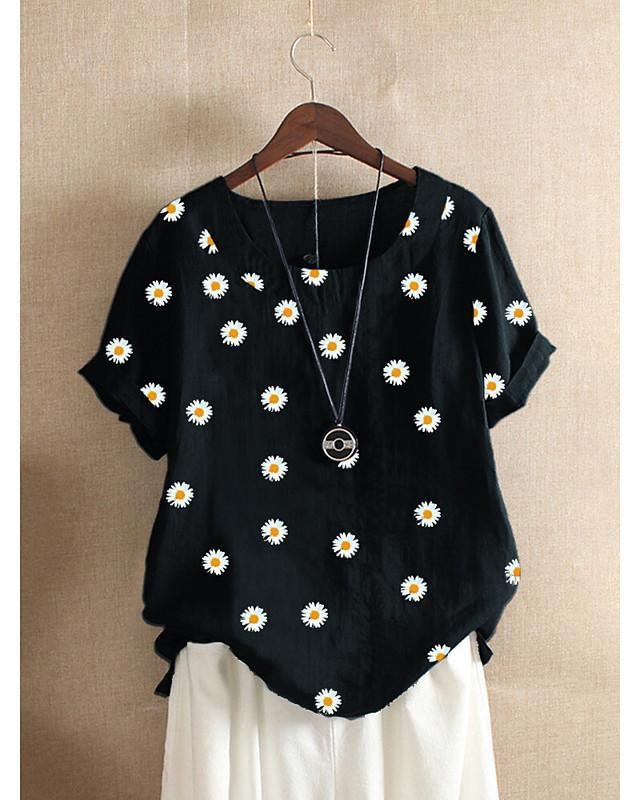Women's Blouse Shirt Floral Flower Daisy Print Round Neck Tops Loose Cotton Basic Basic Top Black Wine Orange - VSMEE