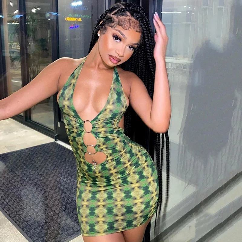 BIIKPIIK Off-shoulder Sleeveless Mini Dress Women Metal Ring Hollow Out Bodycon Backless Party Clubwear Vintage Printing Dresses