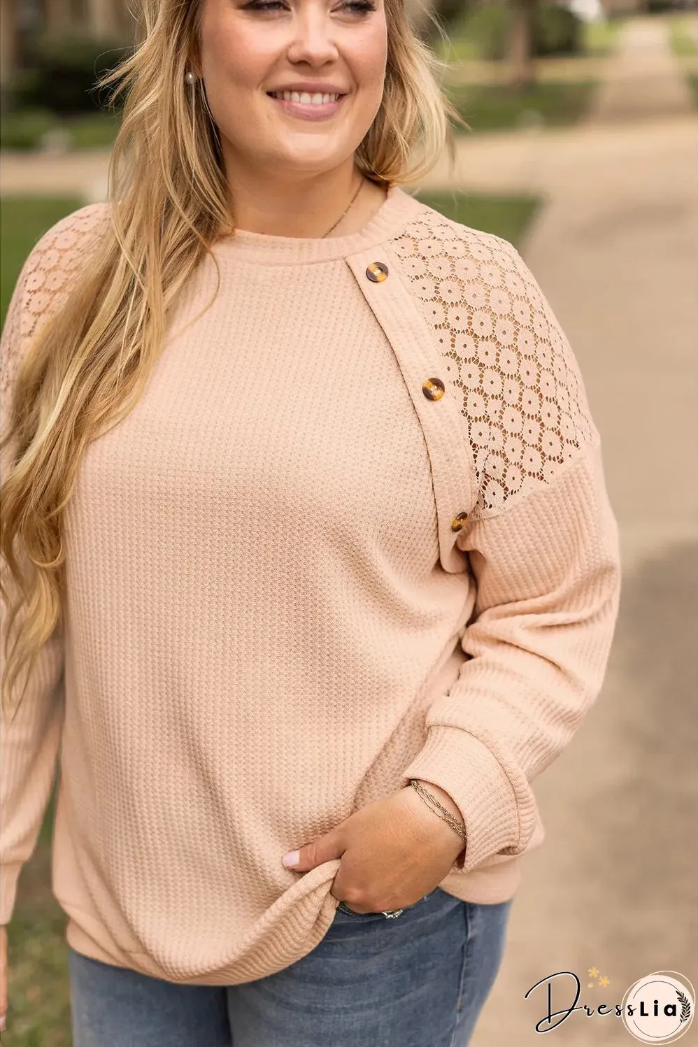 Beige Plus Size Lace Patchwork Buttons Waffle Knit Top