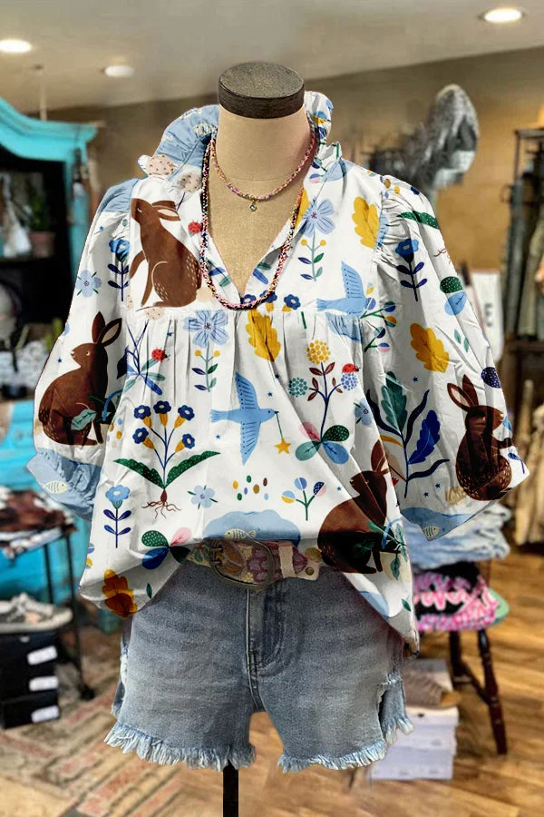 Cute Easter Egg Bunny Print Puff Sleeve Blouse