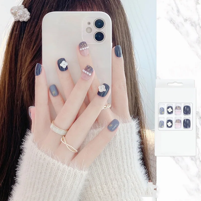 false nails with designs acrylic for nail Imitation Pearl Lace Bowknot press on nails Charming Pre Design fake nails with glue-Nail Inspo