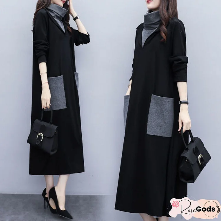 Casual Color Matching High Neck Long Sleeves Maxi Dress