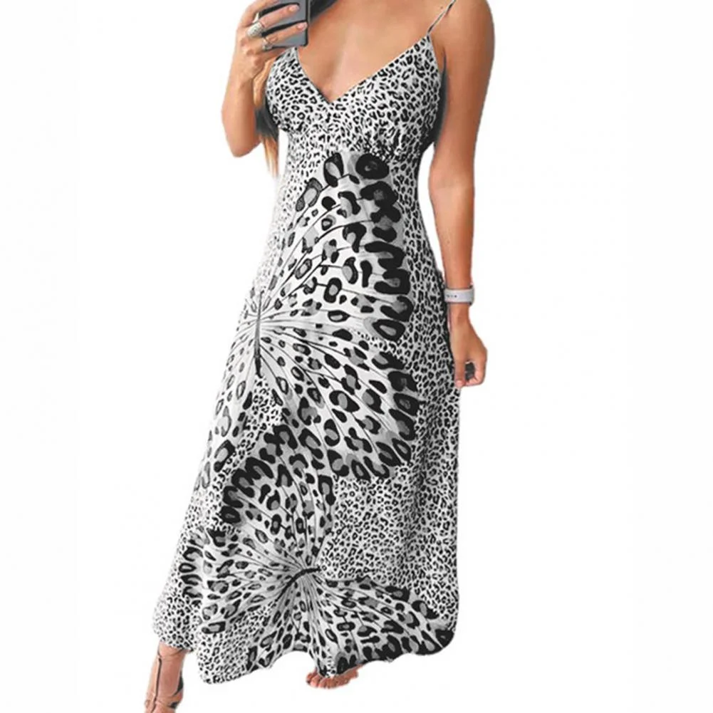 Ladies Leopard Print Strap Dress V Neck Low Cut Long Leopard Butterfly Print Strap Maxi  Dress European American Sling Dress