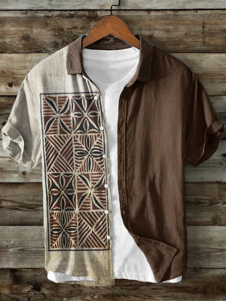 Men's Vintage Boho Geometric Contrast Color Linen Shirt
