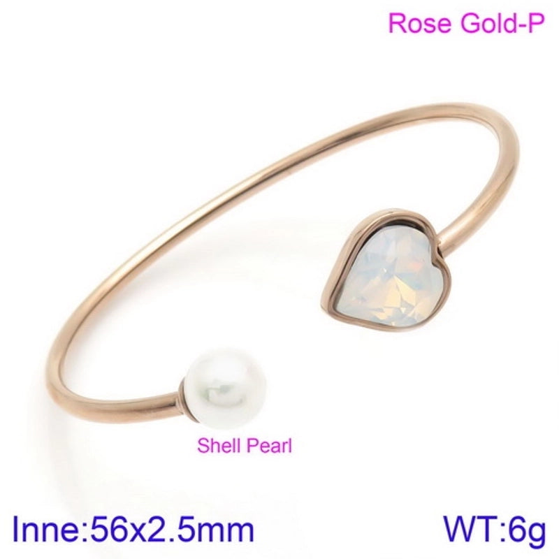 Modern Style Minimalist Heart Shape Stainless Steel Titanium Steel 18K Gold Plated Glass Stone Pearl Bangle In Bulk