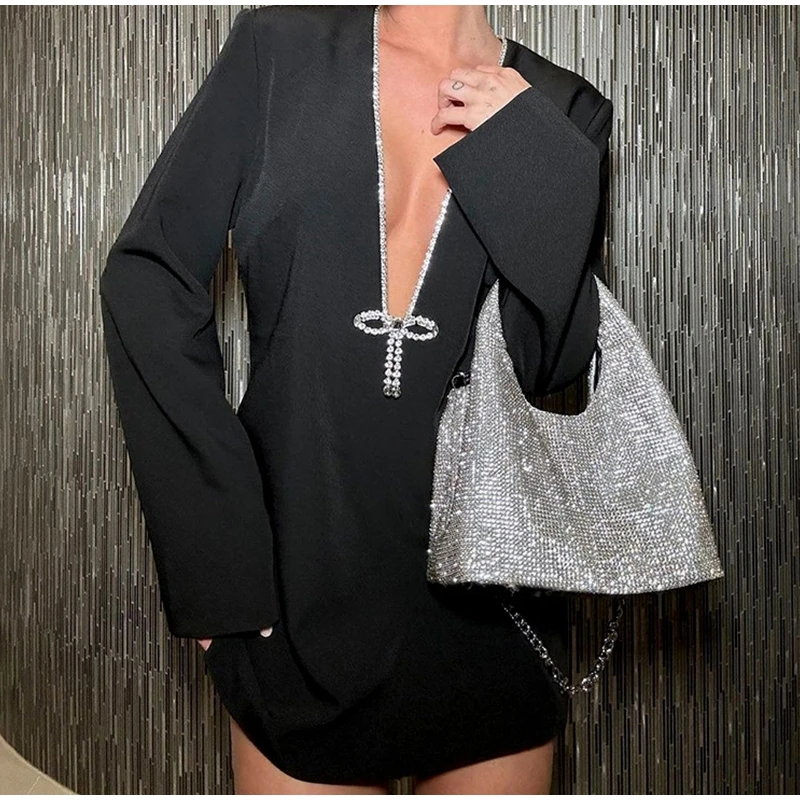 Ootddress Glitter V-Neck Fashion Dress For Women Slim Long Sleeve Patchwork Elegant Club Night Dress Clothes Women's Mini Dress New