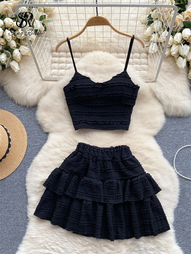 Huibahe Sweet Ruched Two Pieces Sets V Neck Strap Crop Tops+Short Pleated Skirt Women Korean Style Chic Summer Beachwear Suits