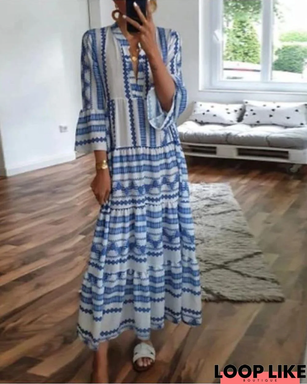 Women's Swing Dress Maxi Long Dress 3/4 Length Sleeve Geometric Print Spring Summer Boho Flare Cuff Sleeve Blue