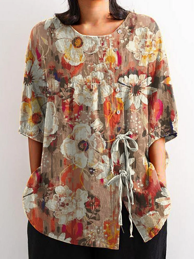 Women's Vintage Floral Art Print Casual Cotton And Linen Shirt
