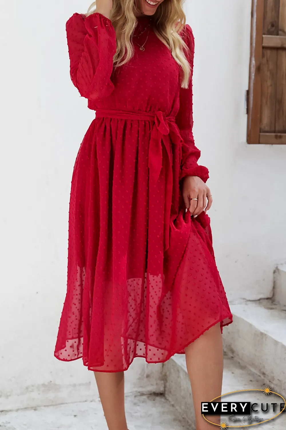 Casual Solid Split Joint O Neck Waist Skirt Dresses